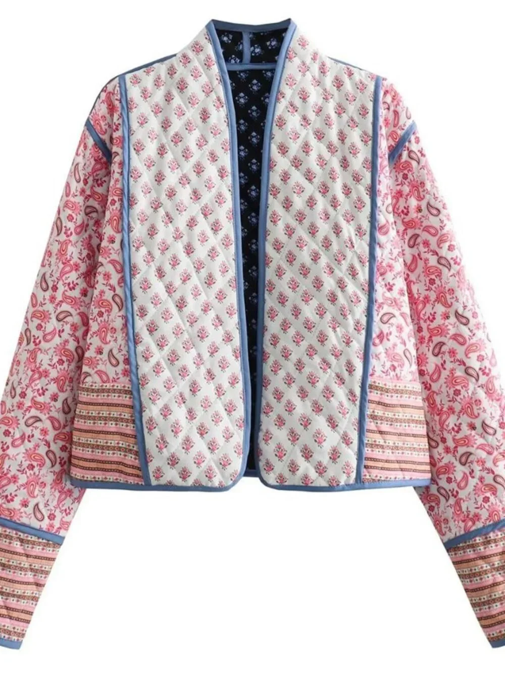 Womens Reversible Floral Quilted Jacket Crop Open Front Puffer Coat